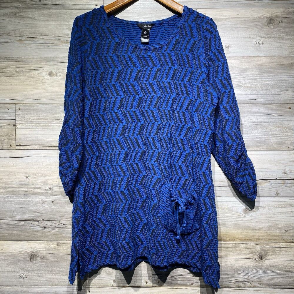Ali Miles Tunic Top XL Crinkle Zig-Zag Pattern Artsy Ruched 3/4 Sleeve  Stretchy